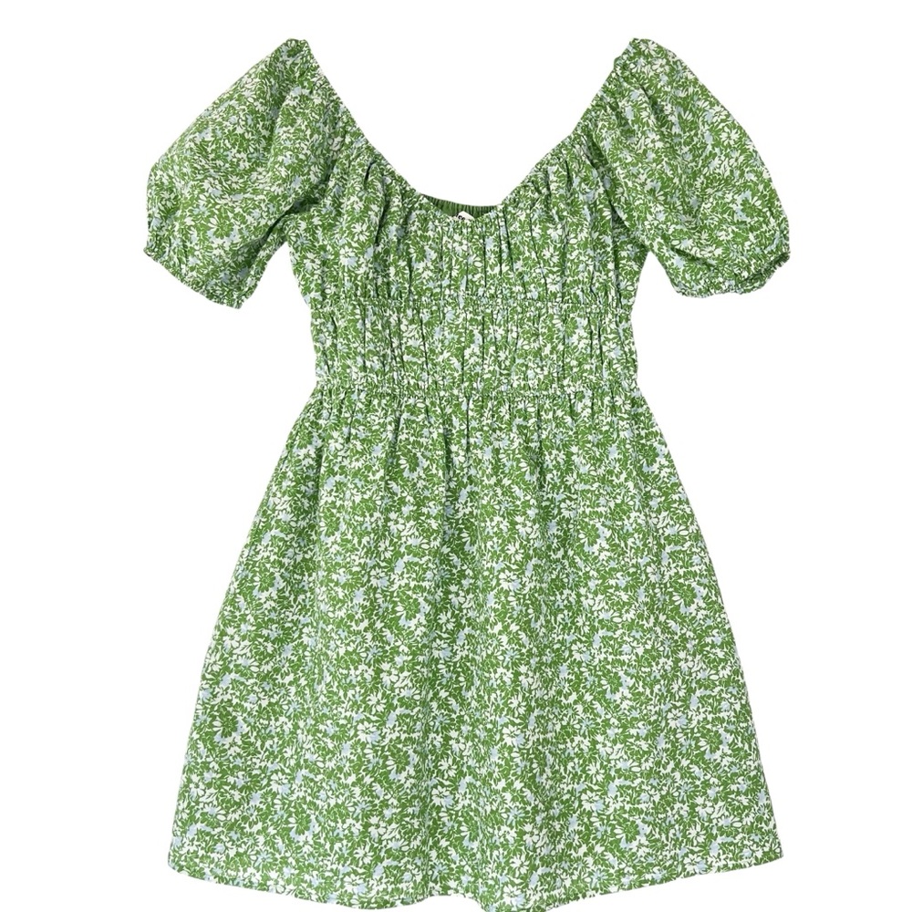 NWT Needii Meredith Green Floral Puff Sleeve Mini Dress Sz M Milkmaid - Picture 2 of 16